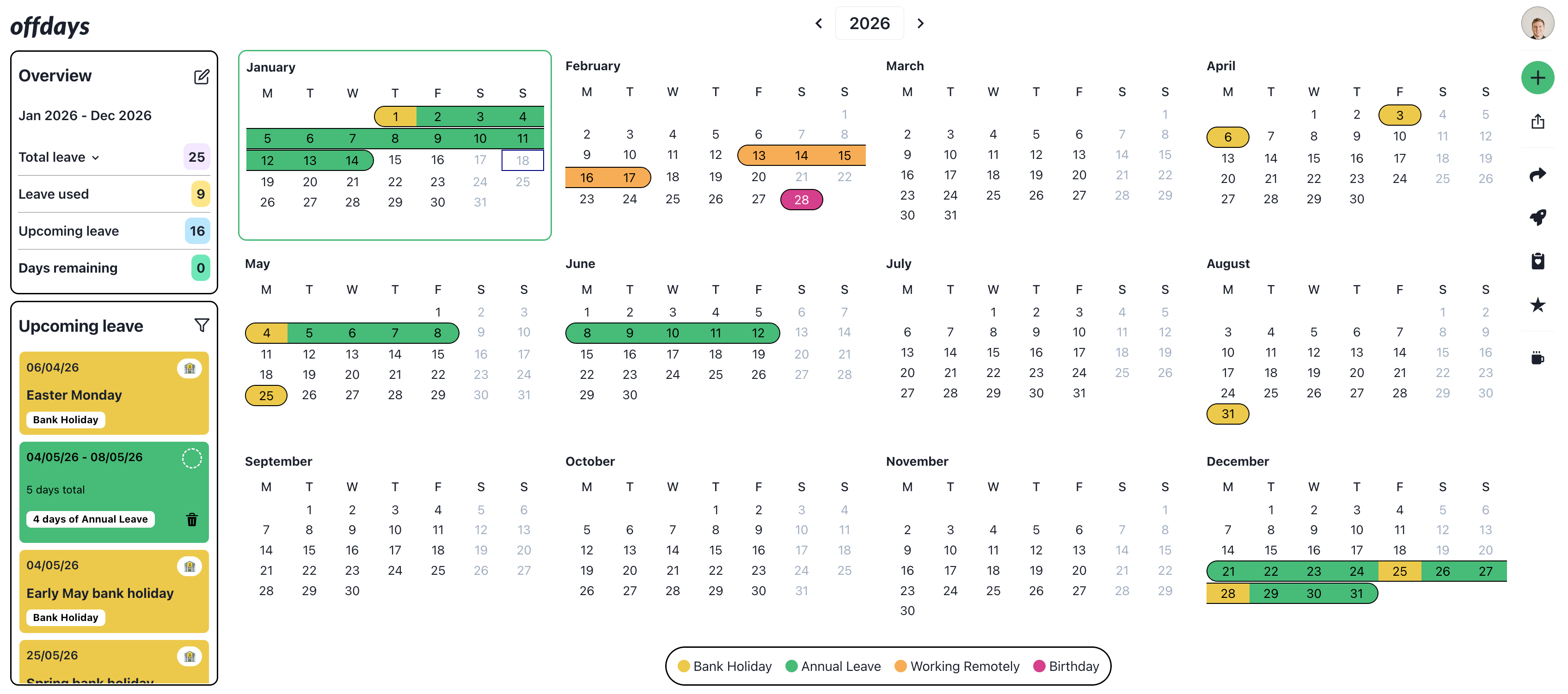 Offdays app year planner screenshot